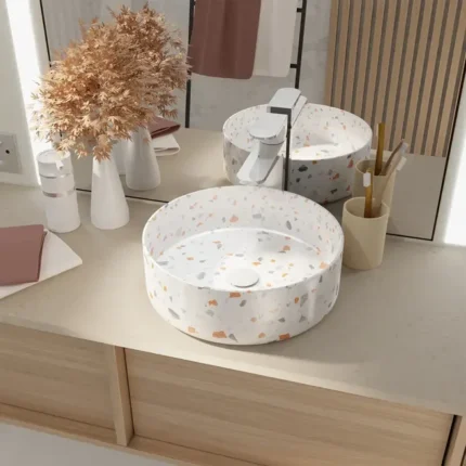 VASQUE RONDE CERAMIQUE BLANC BRILLANT TERRAZZO COULEUR CONFETTI