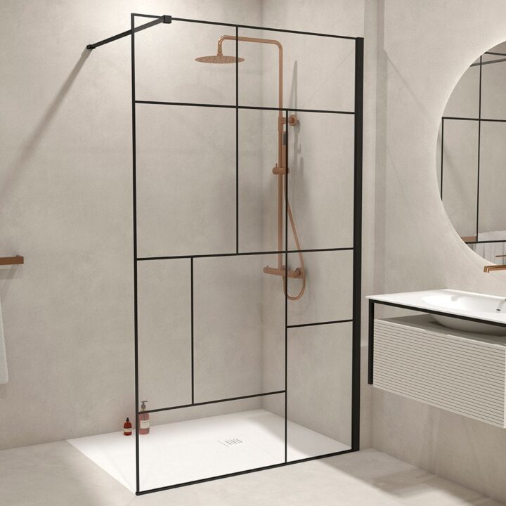 FOX - Paroi de douche v. 8 mm transp asymetrie noire ht 200 cm+profiles+barre - FOX90